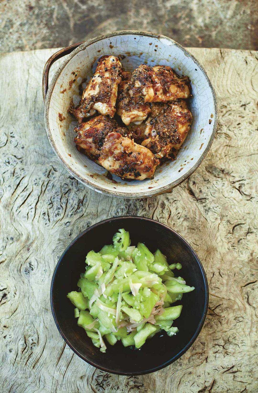 Japanese ginger and garlic chicken with smashed cucumber
