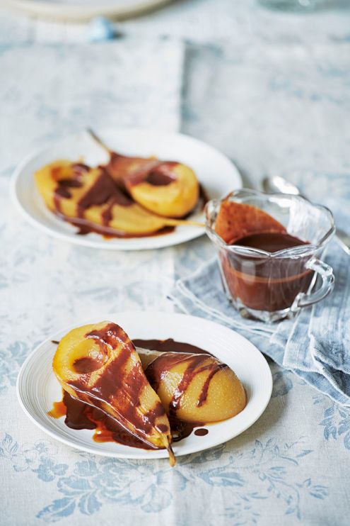 Earl Grey poached pears with warm chocolate sauce