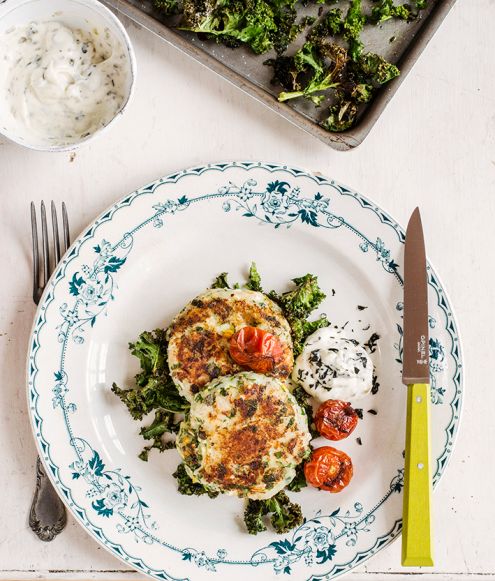 Smoked cheese potato cakes with crispy kale