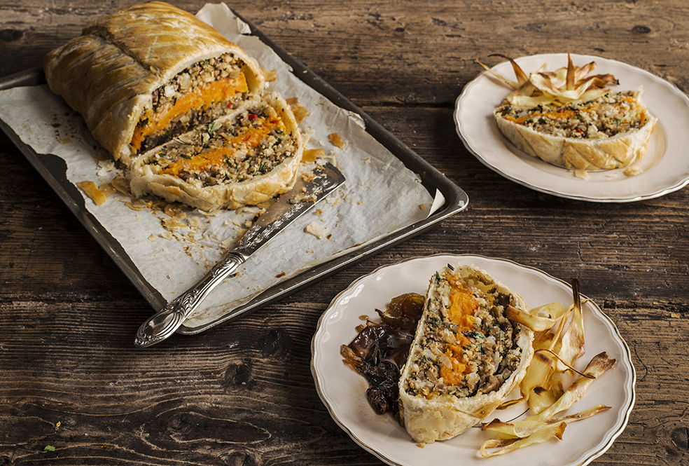 Pumpkin and cashew wellington with parsnip crisps