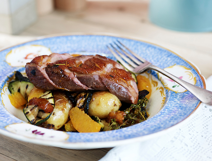 Honey, orange and thyme-glazed Gressingham duck breast