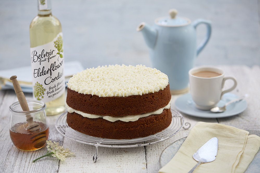 Honey cake with elderflower icing