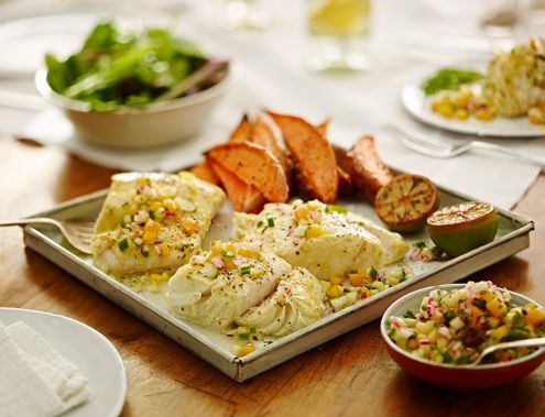 Brazilian salsa cod with sweet potato wedges
