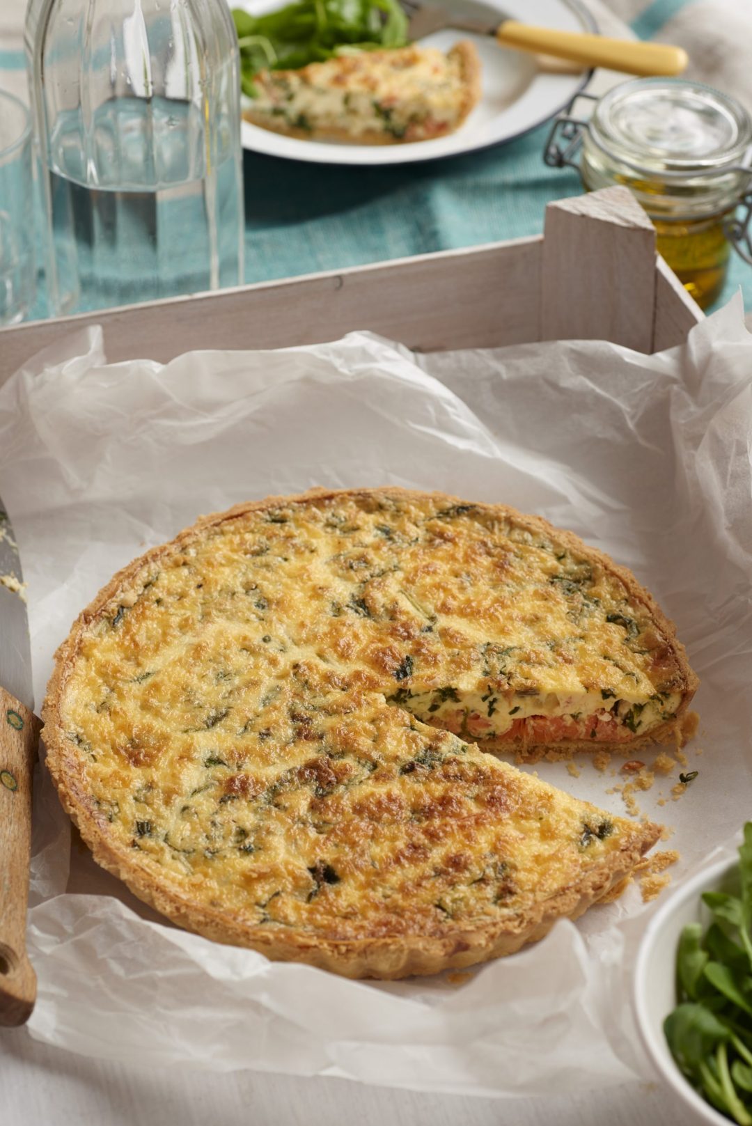 Smoked trout, duck egg and watercress quiche