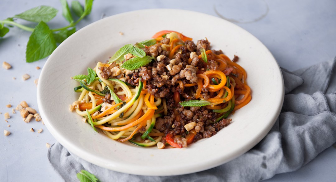 Vietnamese crispy pork with courgetti and carrot noodles