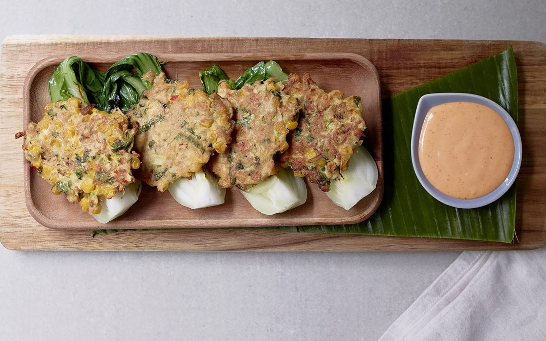 Vegetarian chicken and sweetcorn fritters with Sriracha mayo