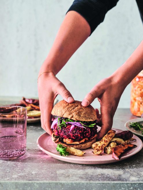 Recipes: This beetroot burger with root vegetable crisps will convert any carnivore!