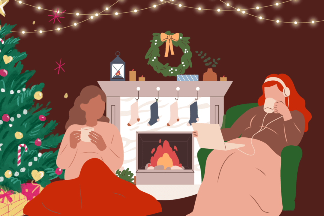 An illustration of two people cosy by the fire at christmas