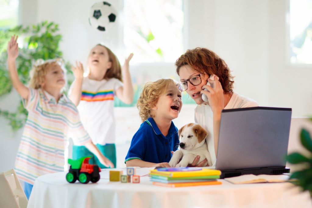 Mum is on phone while on computer, holding a dog. Son shouts at her, other children throwing ball in background