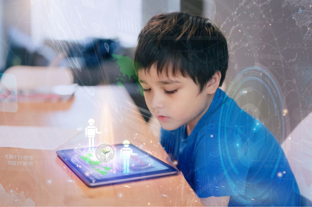 boy looks at tablet with amazing images coming out of it - digital dilemma, parenting in an online world