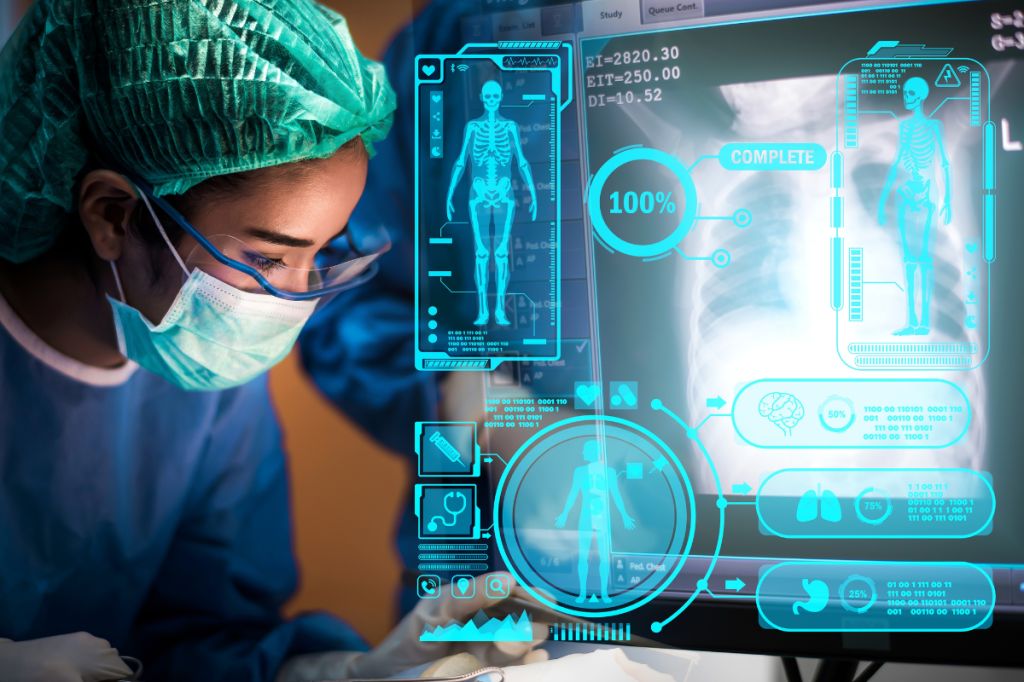 Surgeon looks at intricate medical images