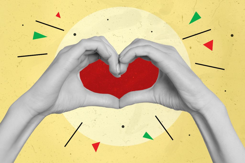 Hands make a heart shape in a collage