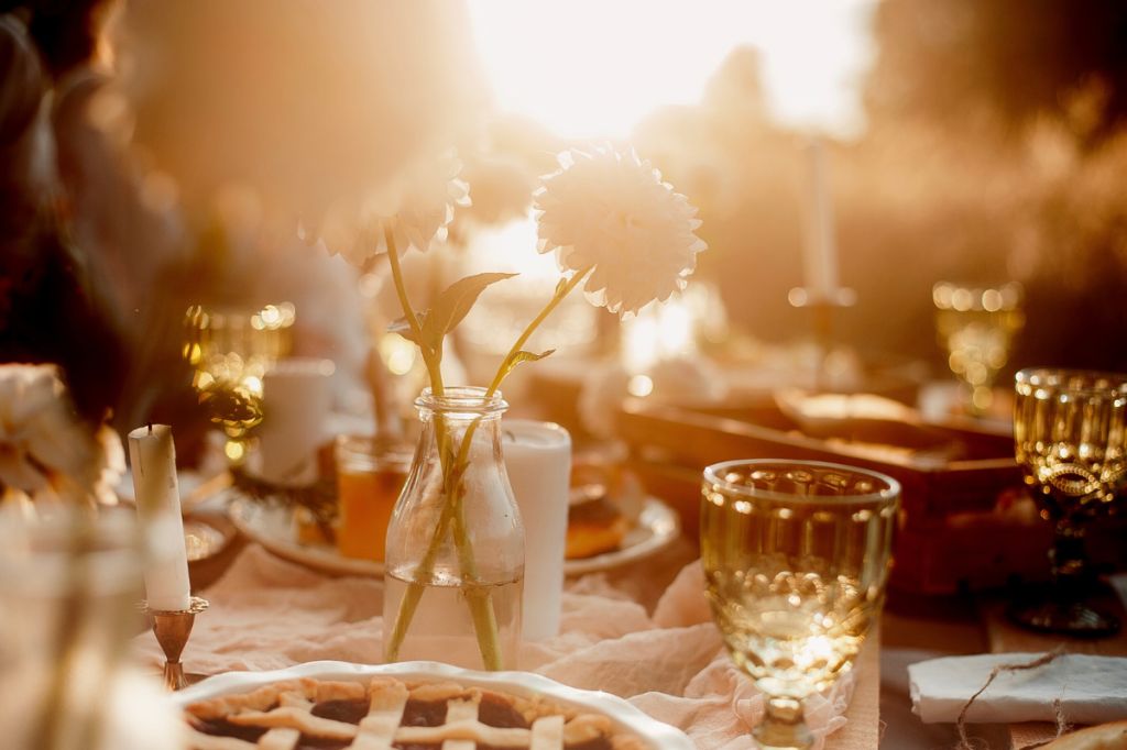 pretty table setting for wedding in sunset light, calm and happy vibe