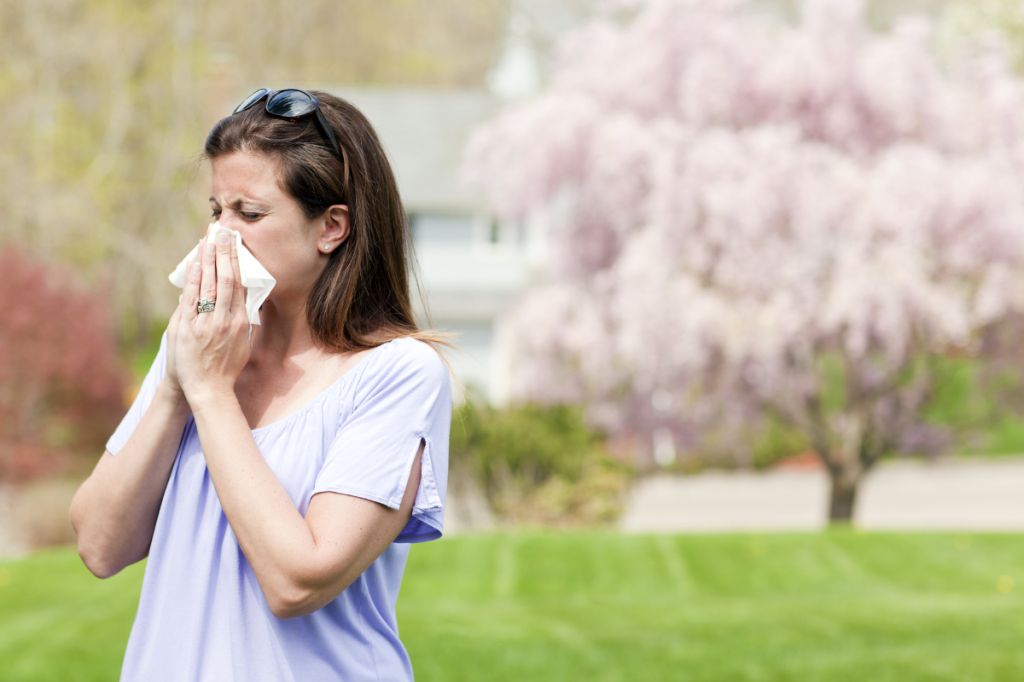 woman blows nose due to hay fever, blooming tree in background