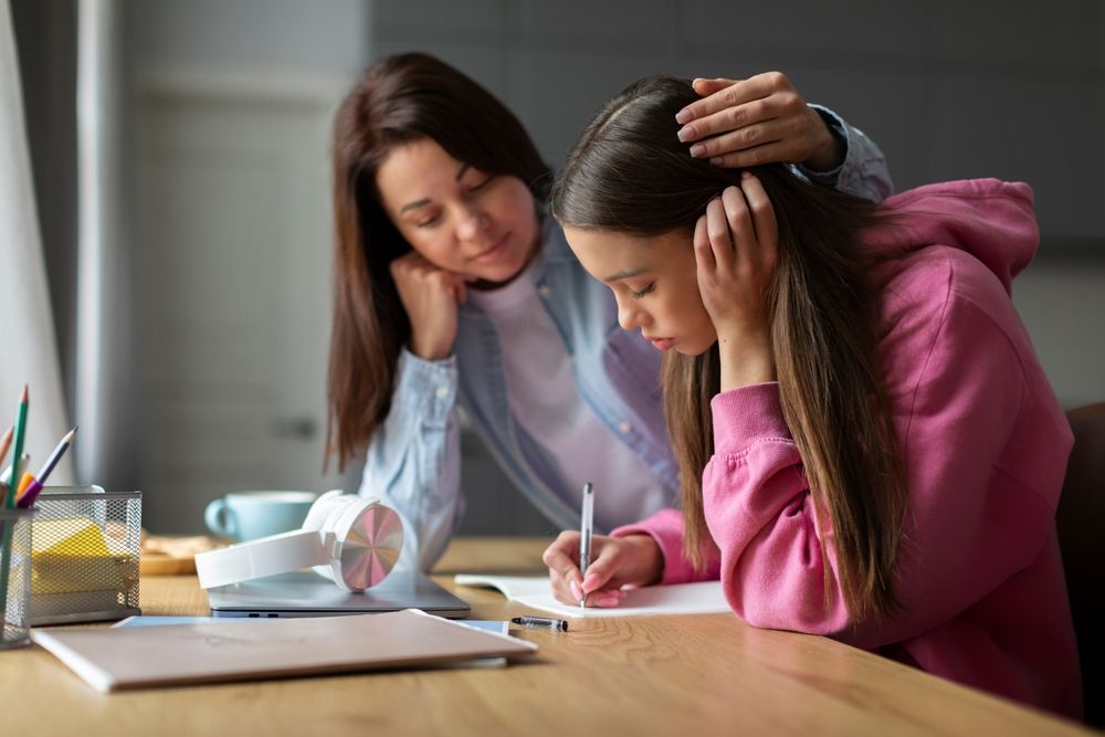 midlife woman caring for teenage daughter, helping with homework at desk