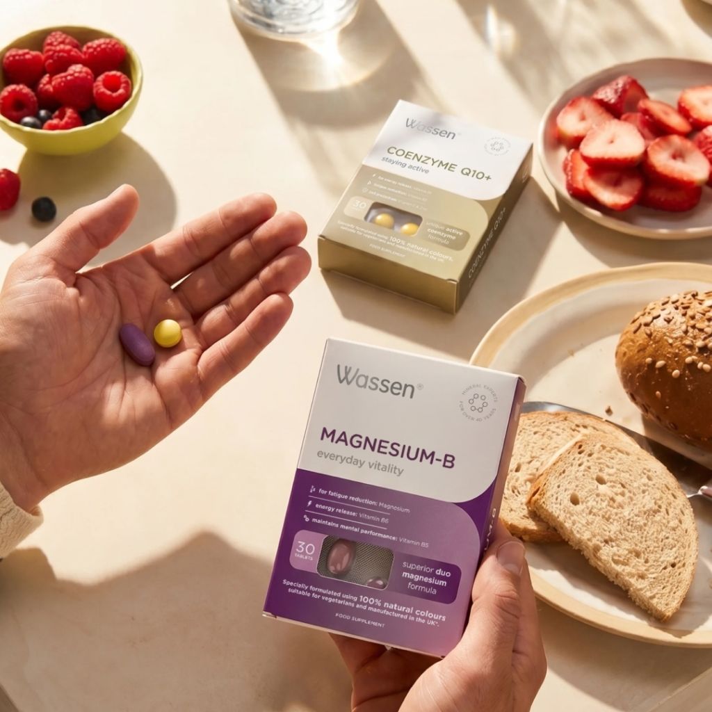 hand holding wassen magnesium supplement box surrounded by healthy foods